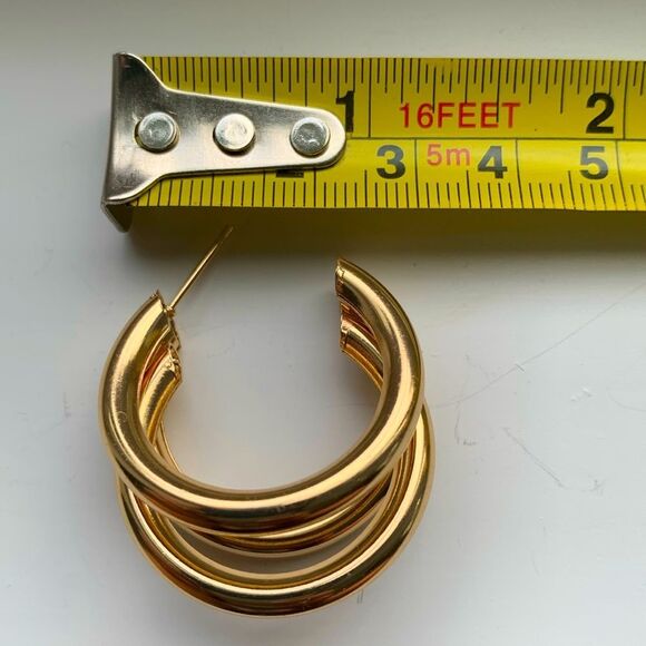 Men’s Hollow Triple Hoop 14k Gold Plated Earrings Tri Hoop Earrings - Picture 8 of 8